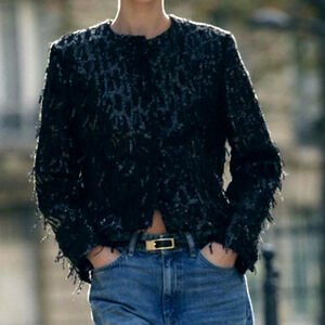 Zara Black Button Up Sequin Fringe Jacket Size Medium